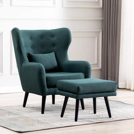 Winslow Wing Back Occasional Fabric Lounge Accent Chair Living Room Armchair Green with Footstool