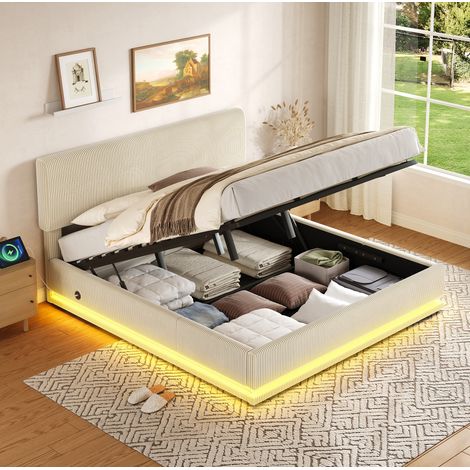 REDOM - Lit coffre 180x200 cm avec LED, USB C, tête de lit réglable, rangement, velours côtelé Beige (Sans matelas) (1/5)