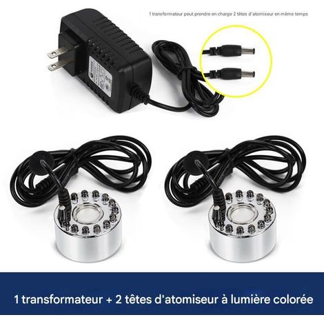 Humidificateur à ultrasons à 2 têtes, une à deux têtes d'atomisation à lumière colorée + transformateur, grand volume de brouillard (1/5)