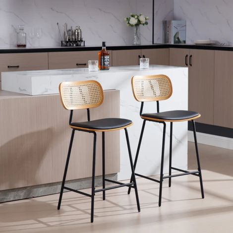 Wahson Set di 2 Sgabelli Cucina Sgabello da Bar in Rattan, Sedie Alti con Gambe in Metallo Sgabello Moderno Design per Bar/Penisola, Nero