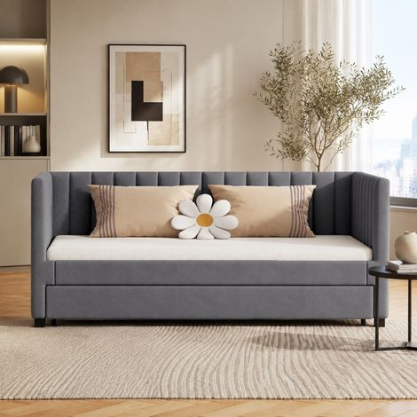 Canapé-lit 90x200 cm convertible avec lit gigogne, gris, velours, sans matelas FloraGrace (1/5)