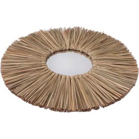 Miroir mural décoratif rond en jonc de mer tissé, idéal pour la chambre, le salon et la décoration intérieure. Couleur originale. (1/5)