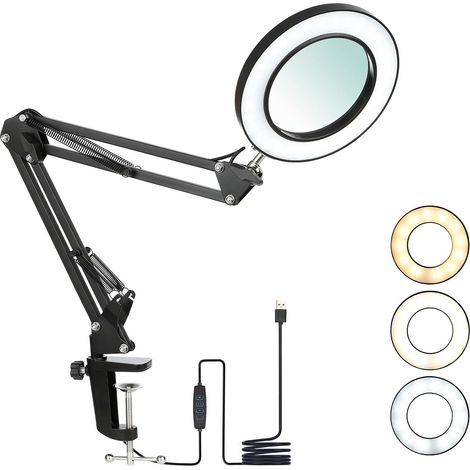 Lampe loupe à LED avec pince, Loupe avec Lumière de 8 Dioptries Lampe de Loupe éclairées 3 Couleurs Bras Pivotant, Dimmable Lumière pour la Lecture pour table ou atelier（8x）