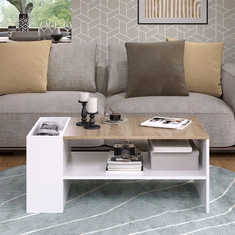 Mesa de centro Wido, Blanco/Sonoma, 100 x 55 cm con estantes, Vicco