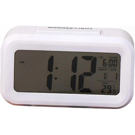 Réveil numérique avec calendrier, affichage de la température, fonction snooze, veilleuse automatique, fonctionne sur piles, blanc. (1/5)