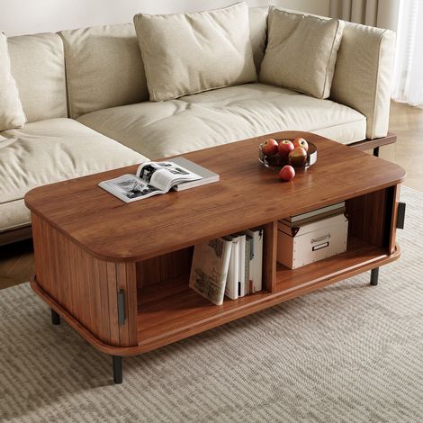 Modernluxe - Table basse rectangulaire 120x55x45 cm - Avec 2 portes coulissantes - Rayures verticales - MDF - Marron (1/5)