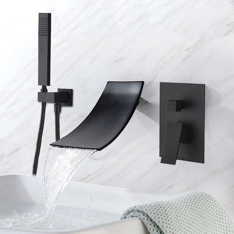 Schwarz Wasserhähne Mischbatterie Badewannenarmatur Wannenrandarmatur Wasserfall Wasserhahn mit Handbrasue Wandmontage (1/5)