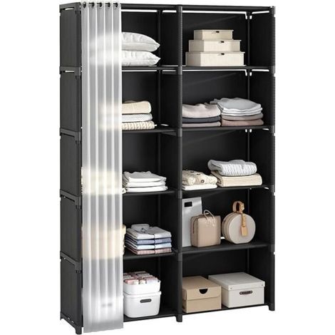 6-stufiges Aufbewahrungsregal, Fächer mit Vorhängen, tragbares Bücherregal, schwarz, multifunktionales Aufbewahrungsmöbel, ideal für Büro, Schlafzimmer und Badezimmer. (1/5)