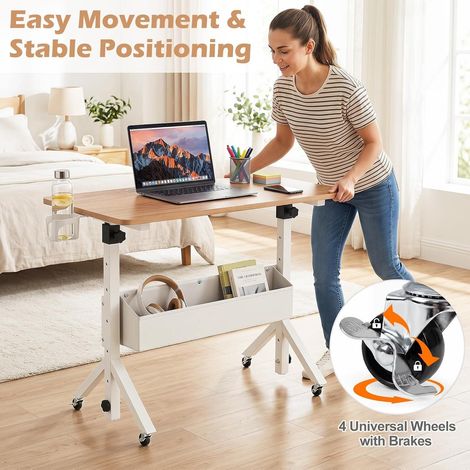 Bureau mobile naturel assis-debout réglable avec porte-gobelet, panier et roulettes verrouillables pour bureau, salon et télétravail (1/5)
