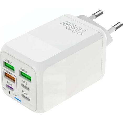 Chargeur USB C, 150W 6 Ports USB C Prise de Charge Rapide, Chargeur à 6 Ports (Port 3PD Type C + Port USB A 3QC), Compatible avec iPhone 11/12/13/14/15 series/XS/XR/8/iPad (1/5)