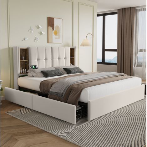 Cama doble dormitorio con carga y cajones beige OKMYHOME (1/5)