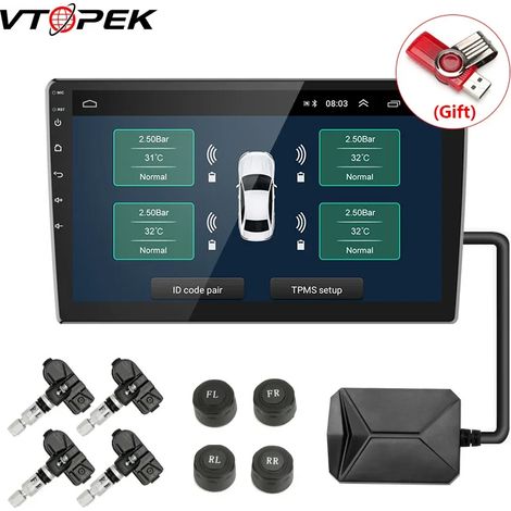 Système de surveillance et d'alarme de pression des pneus Vtopek USBCar avec capteurs intégrés, compatible avec les lecteurs de navigation Android et transmission sans fil 4,5 V. (1/5)