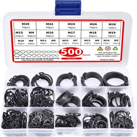 Jeu de 500 circlips métalliques, 20 types de circlips de type E (Φ4/5/6/7/8/9/10/11/12/13/14/15/16/17/18/19/20/22/24/26/28 mm) pour fixation interne et externe (1/5)