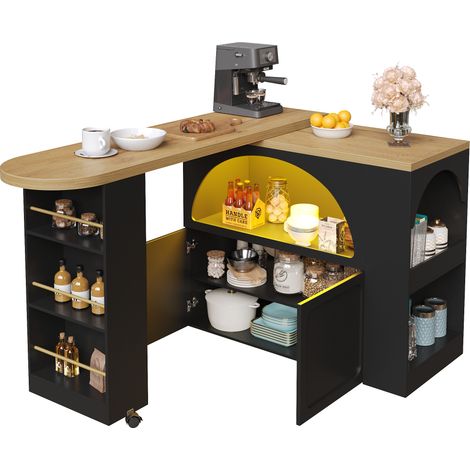 Tavolo bar estensibile 135x39x100cm, ruote con freno, LED, USB e funzione musica, MDF nero (1/5)