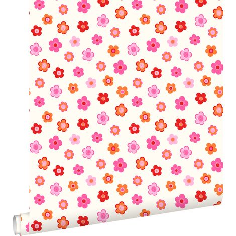 papier peint fleurs intage rose, corail rouge et orange - ESTAhome (1/5)