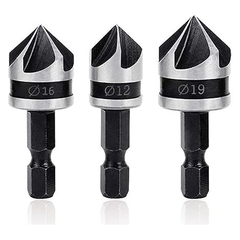 3Pcs Fraises à Chanfreiner 90 Degrés Flûte Fraise Conique à Noyer Foret Fraisage Bois Acier 12mm/16mm/19mm Outil Coupe Chanfreinage Fraisoir pour Bois PVC
