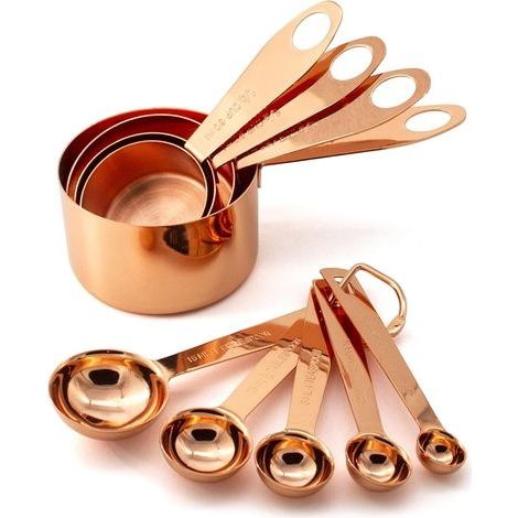 Lot de 9 pièces de tasses et cuillères à mesurer de cuisine et pâtisserie, en acier inoxydable cuivre chromé, avec mesures gravées, pour ingrédients secs ou liquides (1/5)