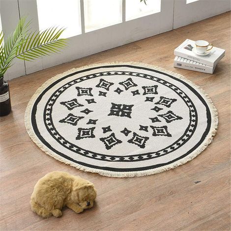 Tapis rond mandala en coton style bohème, diamètre 92 cm – Modèle A, pour salon, chambre, intérieur ethnique chic–DELKEVIC