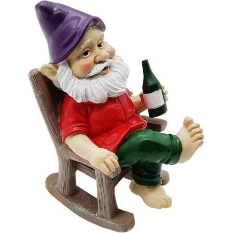 Statue De Décor-Nain de jardin sur chaise à bascule,Nain de jardin amusant pour l'extérieur - Figurine naine en résine - Sculpture de chaise à bascule - Statue de nain à boire pour la cour, la pelouse (1/4)