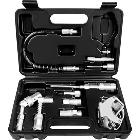Juego de accesorios para pistola de engrase: 11 piezas. Acoplamientos para engrasadores de difícil acceso. Adaptador de engrase de alto rendimiento con boquillas y manguera. (1/5)