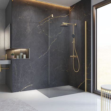 Paroi de douche à l'italienne, profilé or mat, doré, paroi fixe Walk In, verre 6 mm anticalcaire, 100 x 200 cm
