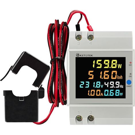 KETOTEK Single Phase Electric Meter, 2 Measurement Channels, DIN Rail Energy Meter with LCD, AC40-300V 100A kWh Meter with Split Core Current Transformer CT (1/4)