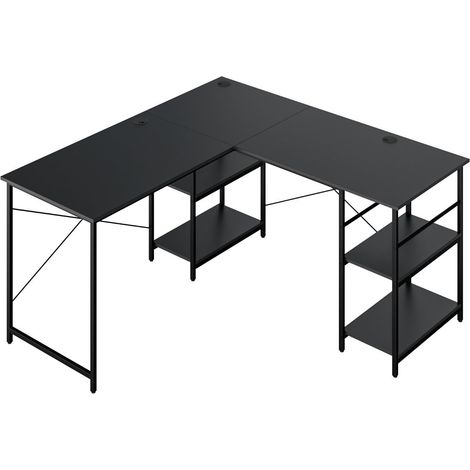 Bureau d'angle 151 x 151 x 75 cm ajustable à bureau droit pour 2 personnes avec 4 étagères bois d’ingénierie noir