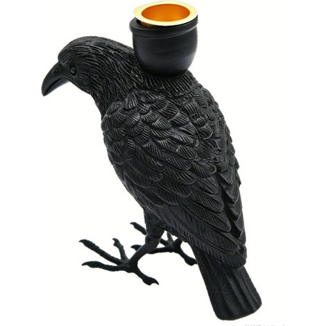Bougeoir corbeau noir réaliste en résine sculptée à la main, décoration d'intérieur gothique pour les fêtes. (1/5)