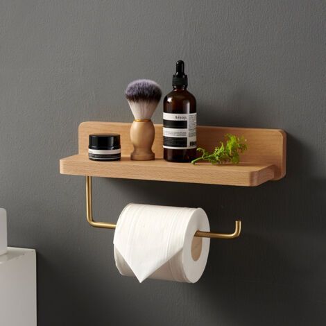 Porte Papier Toilette Double Installation Bois Massif Hêtre Dérouleur Support Papier WC Mural Auto-adhésif Coins Arrondis Porte Rouleau de Papier Décor pour la Salle de Bain Cuisine (1/4)