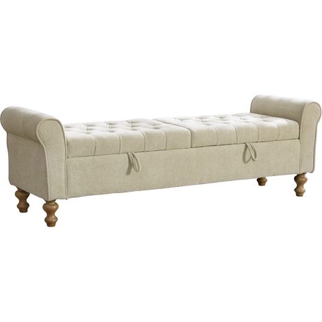 Banc de rangement moderne avec 2 coffres, pouf en velours à accoudoirs roulés, convertible en lit de jour, pieds en bois d'hévéa, pour salon, entrée, chambre, couleur grège. (1/5)