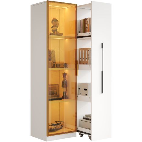Vitrinenschrank 70x40x160 cm mit Glastüren, LED-Beleuchtung, seitlichem Auszug und Schubladen, schmale Glasvitrine mit Stauraum
