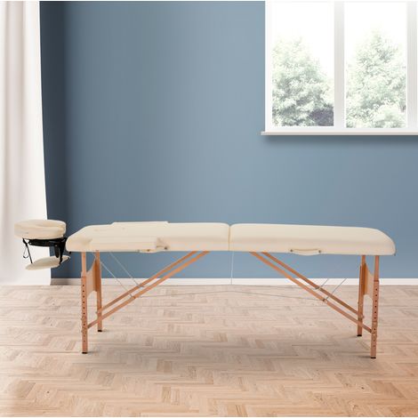 Camilla de masaje plegable (185x60x61 a 87 cm), regulable en altura, con cabezal y reposabrazos, cuero sintético blanco crema (1/5)