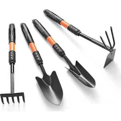 Gartengeräte-Set mit 4 Gartengeräten für Erwachsene, ergonomische, verlängerte Griffe, inklusive Schaufel, Handrechen, manuellem Unkrautstecher und Hacke.