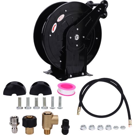 GARRYFIZH Dérouleur de Tuyau Nettoyeur Haute Pression Double Bras 3/8 po x 10m Enrouleur Automatique 4000PSI avec Câble Principal 1.5m