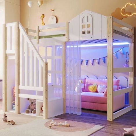 Lit Mezzanine Enfant 90x200cm avec LED et Fenêtre - Lit Mezzanine Escalier Rangement, Blanc, garde-corps de sécurité, lit enfant (1/5)