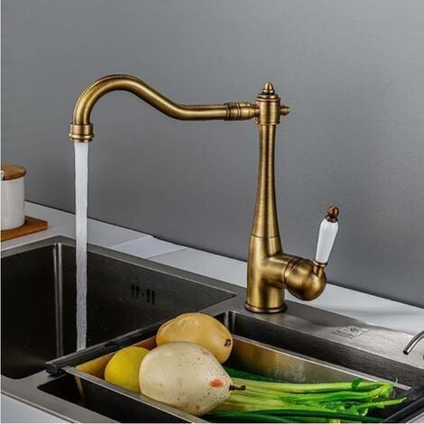 Robinet de cuisine en laiton antique avec rotation à 360°, finition or mat, cartouche céramique haute pression, style rustique pour l'UE, l'Australie et le Canada.