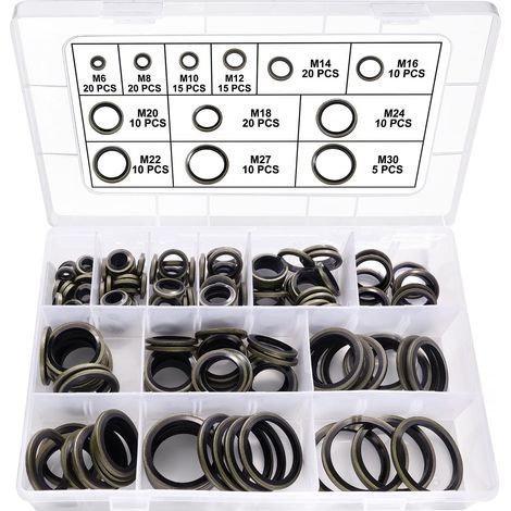 165 Pièces 12 Tailles M6/M8/M10/M12/M14/M16/M18/M20/M22/M24/M27/M30 Kits Rondelle D'étanchéité D'huile Collé, Bague D'huile D'étanchéité en Caoutchouc Métallique, pour Hydraulique Centrale (1/5)