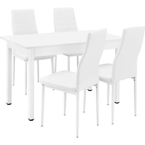 Set da Sala da Pranzo Tavolo con 4 Sedie Gambe in Acciaio Rivestimento in Similpelle - Bianco [en.casa]