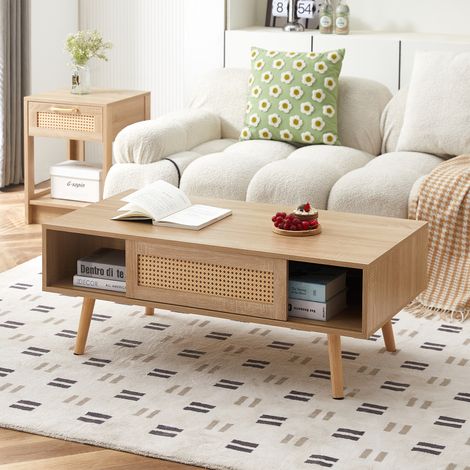 Table basse en rotin tressé, bout de canapé avec portes coulissantes, pieds en bois massif, meuble salon design, teinte naturelle - H40/L105/T55 cm (1/5)