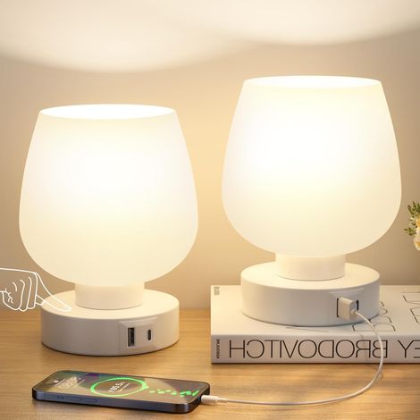 Lot de 2 lampes de chevet tactiles avec ports de charge USB-A+C, variateur 3 positions, abat-jour en verre blanc, petite lampe de table filaire pour chambre, salon, enfants [Classe énergétique F]