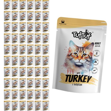 Pâtée pour chat TufTuf à la dinde, sachet de 60 x 100 g, viande en conserve (1/2)