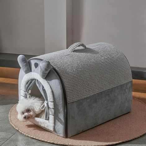 1 Niche pour chien Maison avec rideau Mousse Velours Antidérapant Intérieur Chat Chiot (1/5)