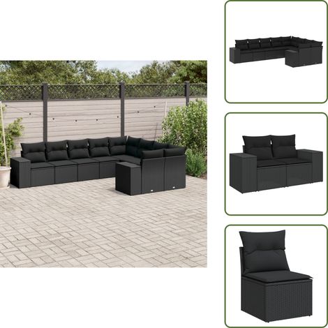 9-tlg. Garten-Sofagarnitur mit Kissen Schwarz Poly Rattan - Gartengestelle - Gartenmöbelset - Outdoor Möbel - Lounge Set - Rattan Gartenmöbel (1/5)
