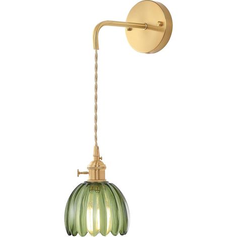Applique murale vintage en verre cannelé transparent, lampe murale dorée avec douille E27 et interrupteur rotatif pour chambre ou salon (Vert, 1 pièce) (1/5)