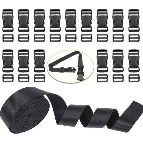 Lot de 15 clips à boucle latérale plate en plastique de 25 mm et glissières tri-glissantes, 1 rouleau de 4,6 m de sangle en nylon noir pour réparation de ruban de sac à dos, sangle de bagage (1/5)