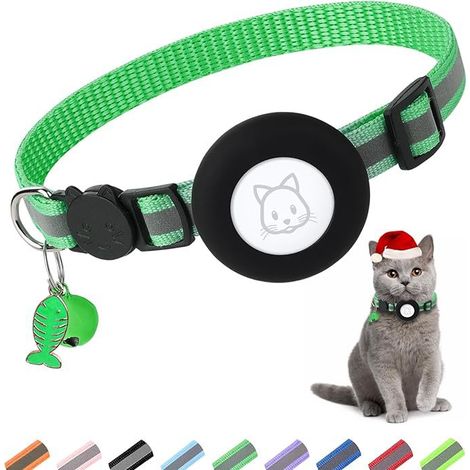 Collier réfléchissant pour chat en forme d'arête de poisson - Positionnement avec manchon en silicone Airtag（Vert）