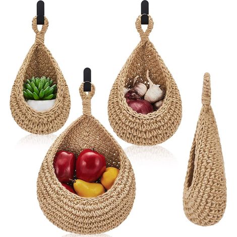 Bohemian style wall-mounted kitchen storage baskets, 3-piece set, teardrop shape, suitable for storing fruits, vegetables, etc. (1/4)