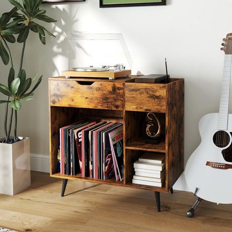 Connexion Facile Meuble Tourne-Disque avec Prises et USB Rangement pour Disques Vinyles et Platine 79,5x40x79cm Brun (1/5)