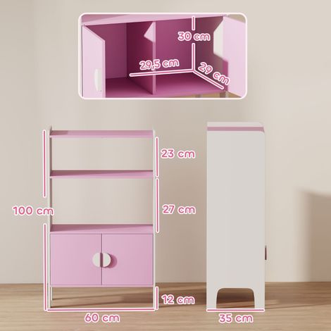Étagère de rangement enfant, 2 niveaux, 2 armoires, meuble autoportant, sécurité anti-chute, patins adhérents, panneaux MDF, teinte rose et blanc (1/5)