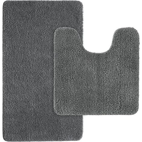 (Gris)Tapis de Toilette - TAPIS - 50x80cm + 50x50cm - Antidérapant - Microfibre - Gris (1/4)